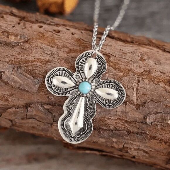 Silver Turquoise Cross Pendant Necklace - Picture 2 of 6